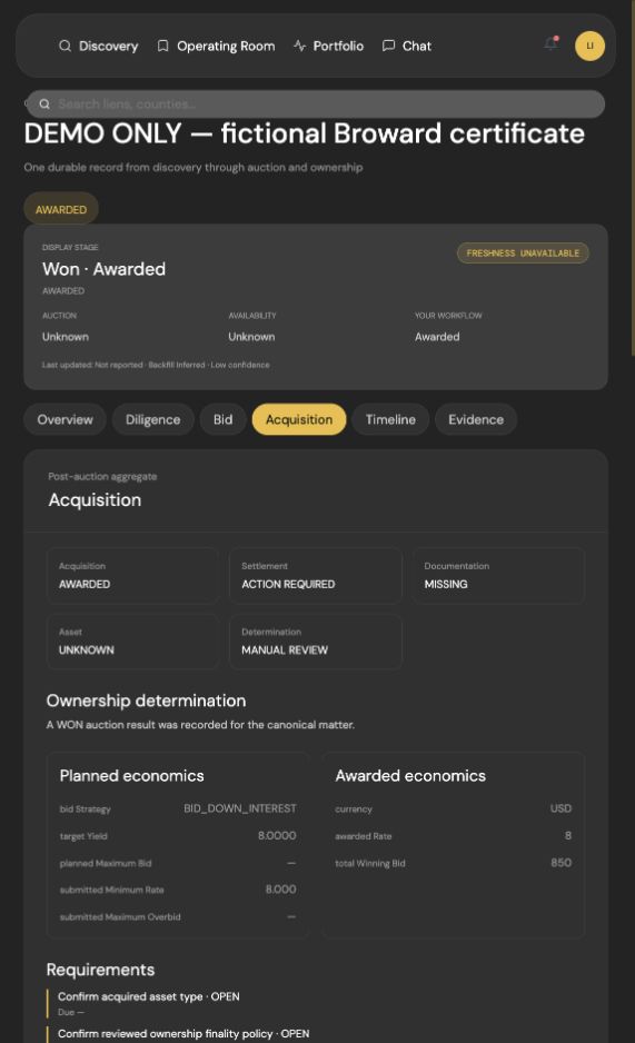 Accrella acquisition record showing certificate details, retained source fields and open evidence requirements